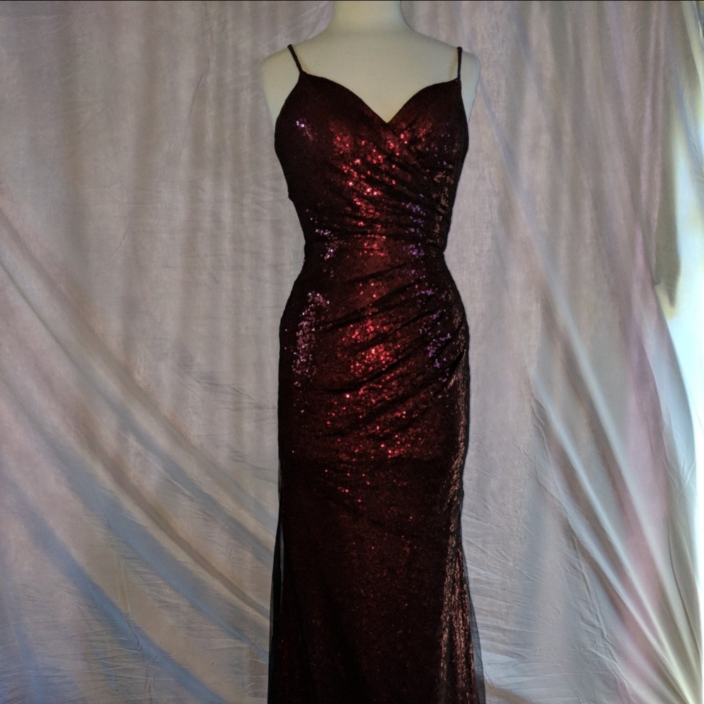 Red sparkle black tulle overlay prom dress